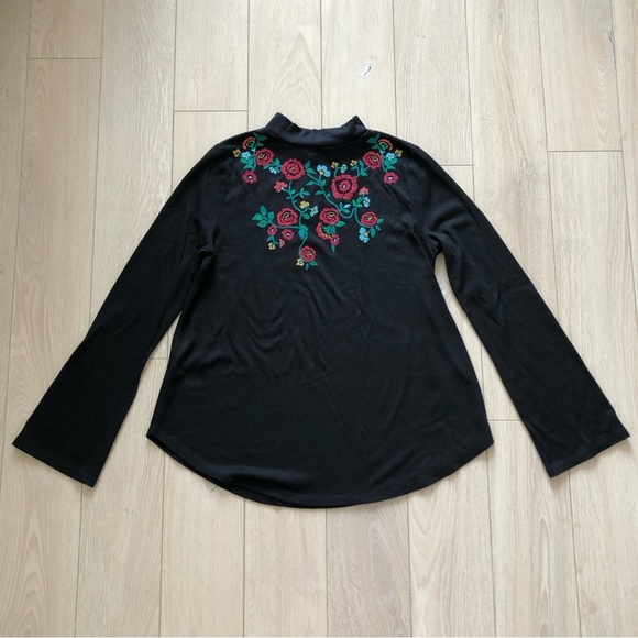 Loft Floral Embroidery Mock Neck Long Sleeve Top in Black - Picture 1 of 10